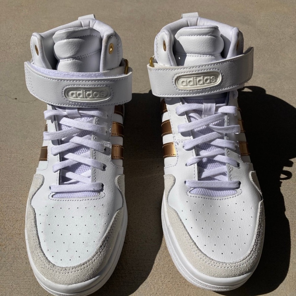 Adidas White and Gold High-Top Cloudfoam Sneakers